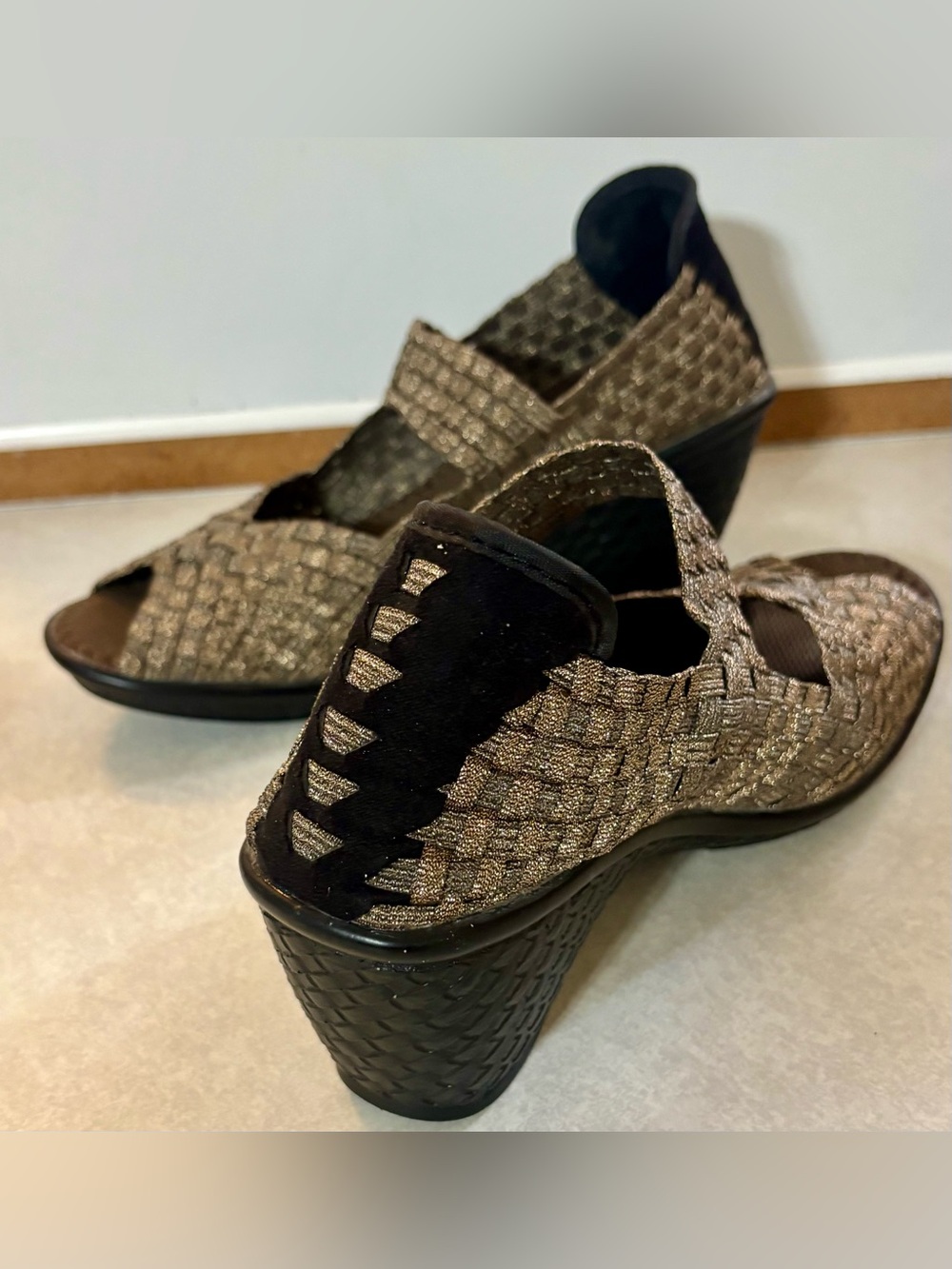 bernie mev. Bronze Metallic Woven Mary Jane Wedge Sandals
